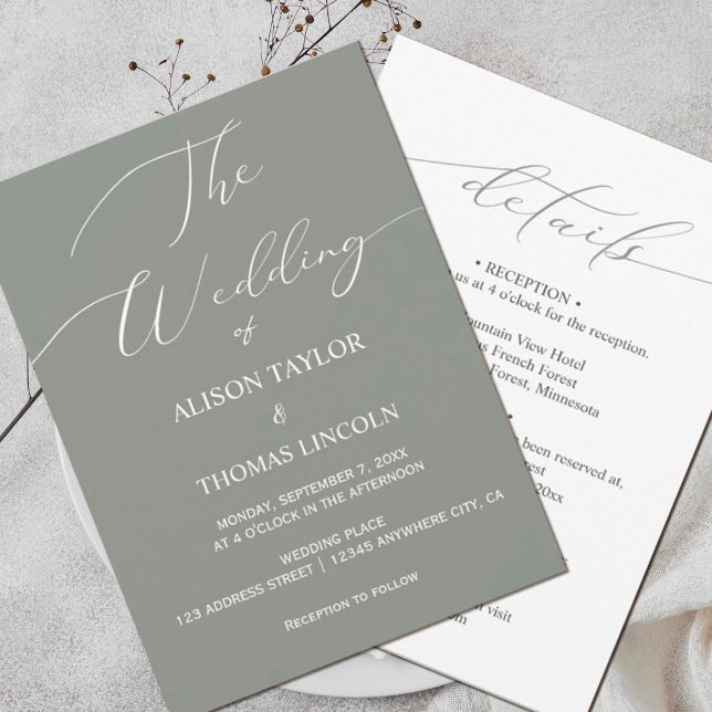 Sage Green and White Calligraphy Simple All In One Invitation (#simplelightgreen #allinone#romantic #modern #weddinginvitation)