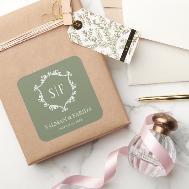 Sage Green and White Crest Monogram Wedding Square Sticker (Gifting)