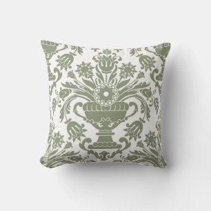 Sage Green and White Damask Floral Pattern Elegant Throw Pillow