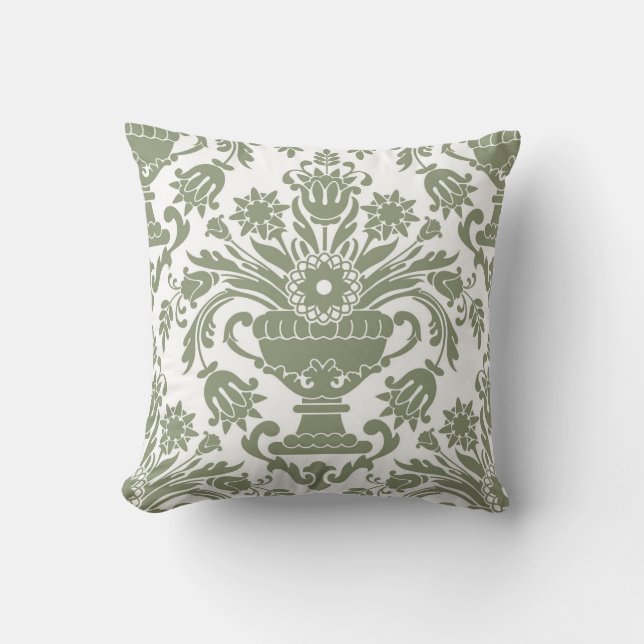 Sage Green and White Damask Floral Pattern Elegant Throw Pillow (Front)