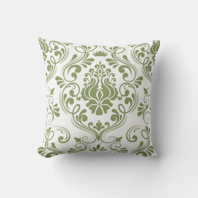 Sage Green and White Damask Floral Pattern Elegant Throw Pillow (Front)