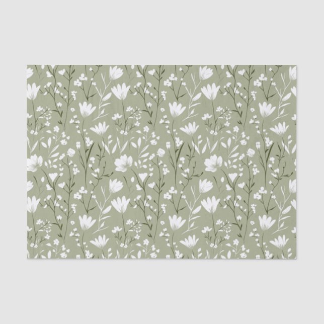 Sage Green and White Floral Bridal Birthday  Tissue Paper (Front)