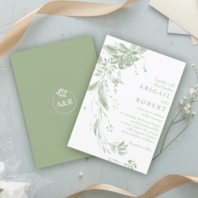Sage green and white floral garland wedding invitation (Creator Uploaded)