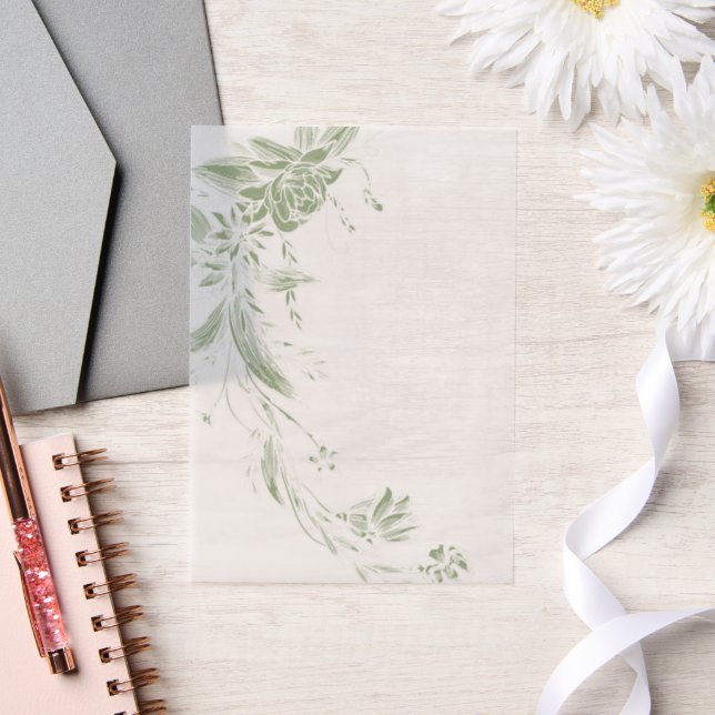 Sage green and white floral garland wedding vellum invitations (Wedding)