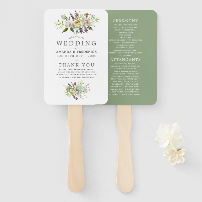 Sage Green and White Floral Wedding Program Hand Fan (Front and Back)