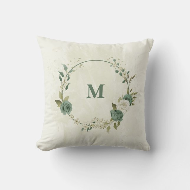 sage green and white flower throw pillow (Front)