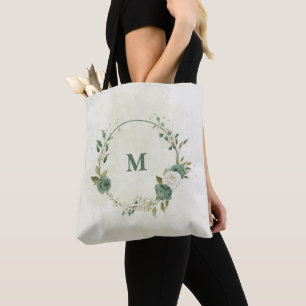sage green and white flower tote bag