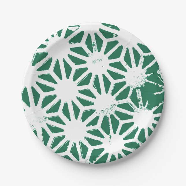 Sage green and white geometric pattern paper plate (Front)
