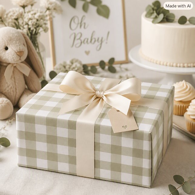 Sage Green and White Gingham Check Pattern Wrapping Paper (Wrapping paper with a gingham pattern of sage green and white.)