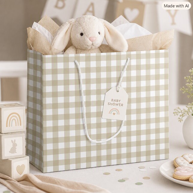 Sage Green and White Gingham Check Plaid Large Gift Bag (A gift bag featuring a sage green and white gingham pattern.)