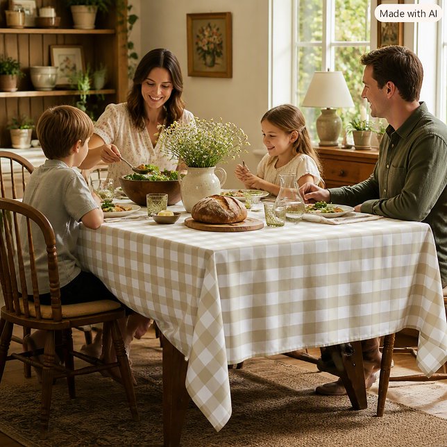 Sage Green and White Gingham Check Tablecloth (A table cloth with a sage green and white gingham plaid pattern.)
