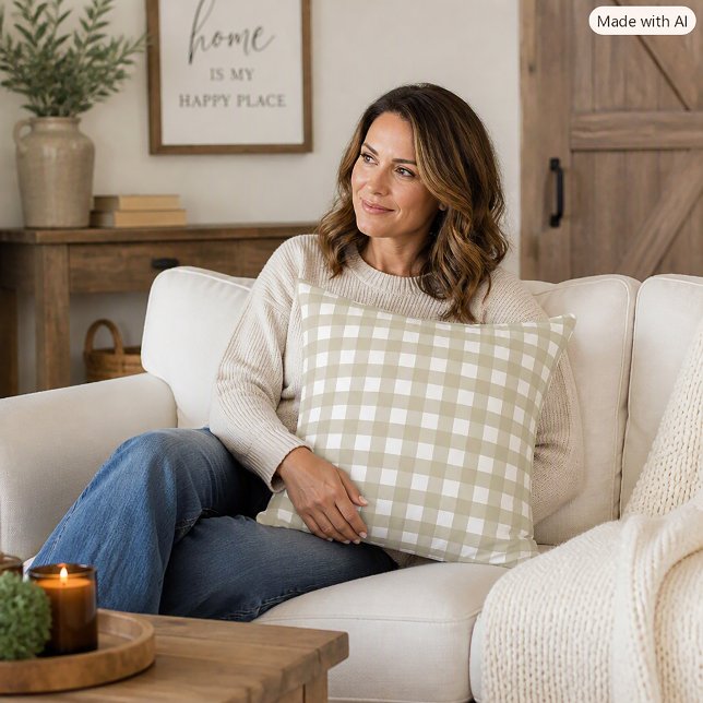 Sage Green and White Gingham Farmhouse Pattern Throw Pillow (A throw pillow with a sage green and white gingham plaid pattern.)