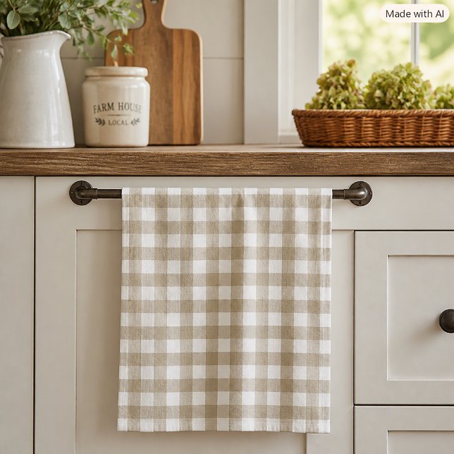 Sage Green and White Gingham Plaid Check Pattern Kitchen Towel (A kitchen towel with a sage green and white gingham pattern.)