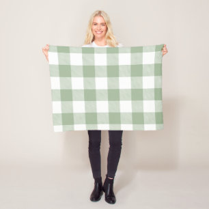 Sage Green and White Gingham Plaid Fleece Blanket
