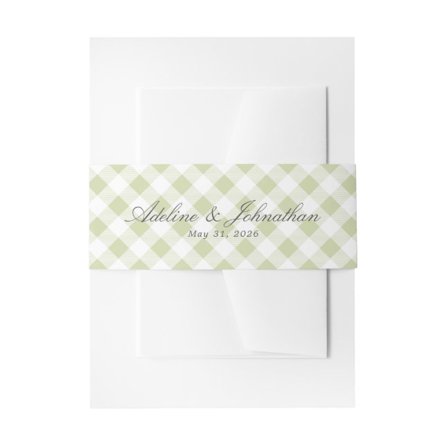 Sage Green and White Gingham Plaid Name and Date Invitation Belly Band (Front Example)