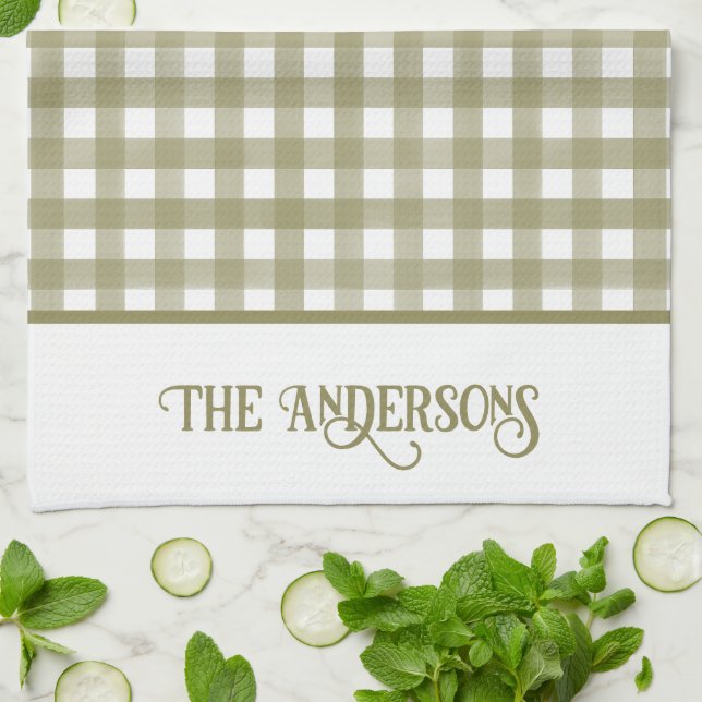Sage Green and White Gingham Plaid Personalized Kitchen Towel (Folded)