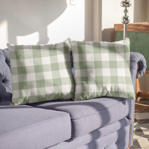 Sage Green and White Gingham Plaid Throw Pillow