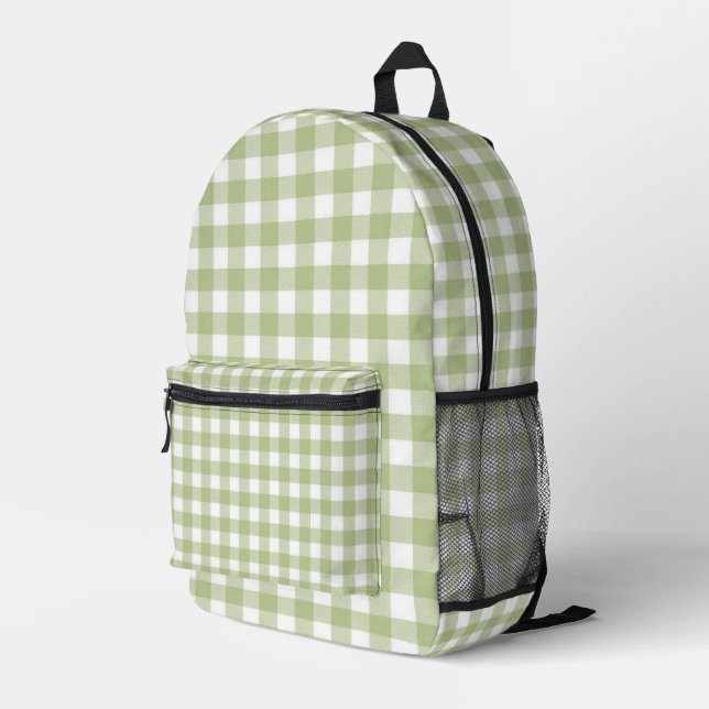 Sage Green and White Gingham Print Printed Backpack (Back Corner Right)