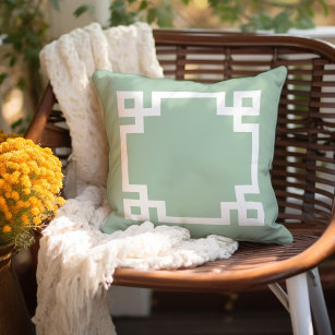 Sage Green and White Greek Key   Editable Colours Outdoor Pillow
