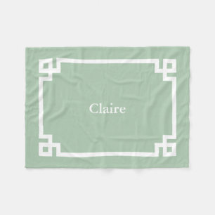 Sage Green and White Greek Key Monogram Fleece Blanket