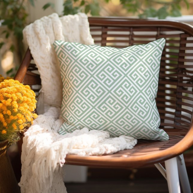 Sage Green and White Greek Key Pattern Outdoor Pillow (Creator Uploaded)