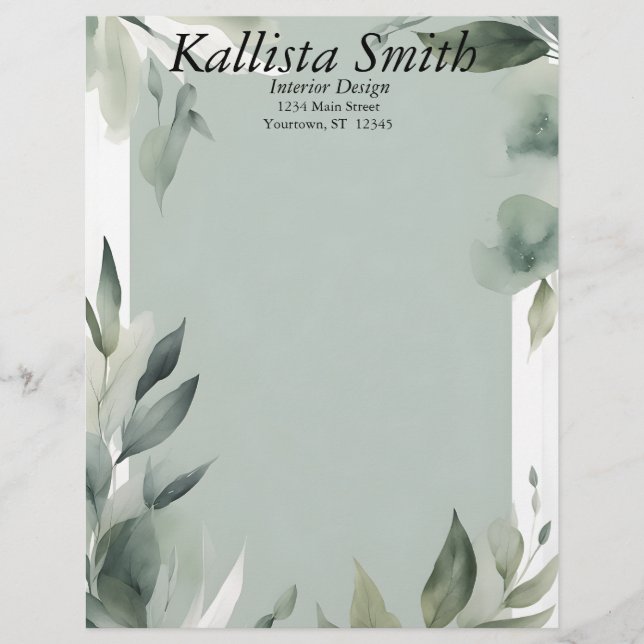 Sage Green and White Leaves Letterhead (Front)
