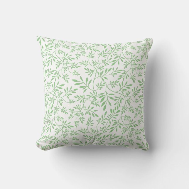 Sage green and white leaves pattern throw pillow (Front)