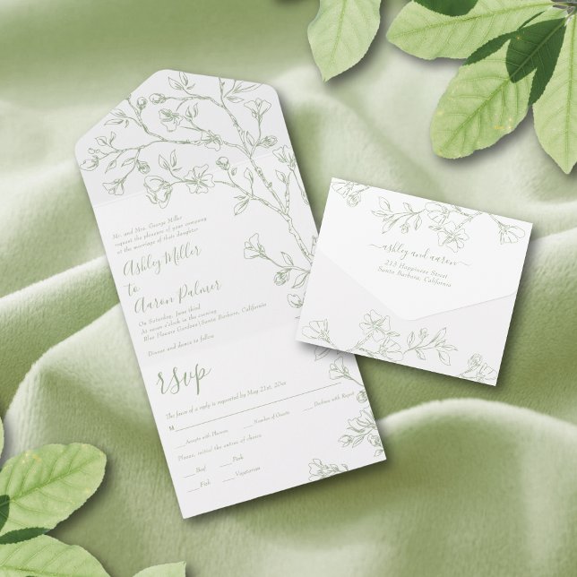 Sage green and white line art flowers wedding  all all in one invitation (Creator Uploaded)
