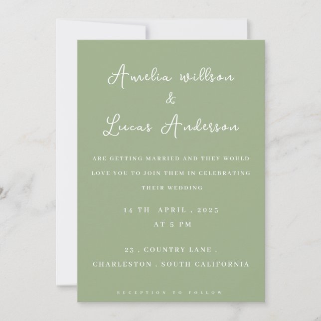 sage green and white minimalist wedding invitation (Front)