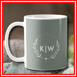 Sage Green and White   Modern Initials Monogram Coffee Mug