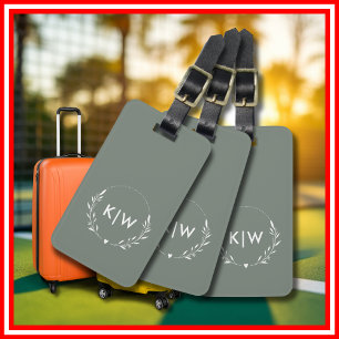 Sage Green  and White   Modern Initials Monogram Luggage Tag
