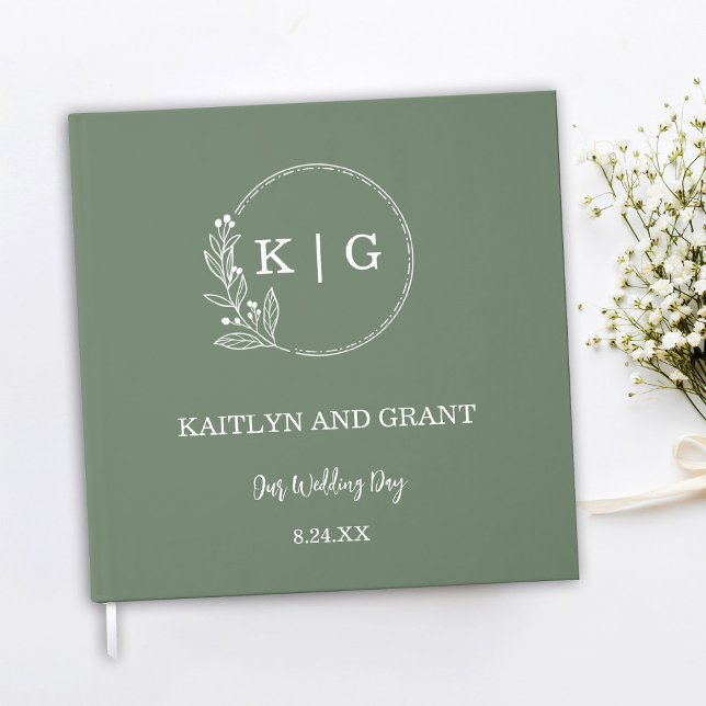 Sage Green and White Monogram Wedding Guestbook (Sage green and white modern floral monogram wedding guestbook)