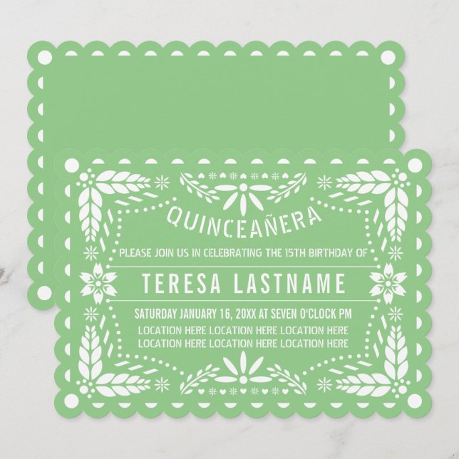 Sage green and white papel picado Quinceañera Invitation (Front/Back)