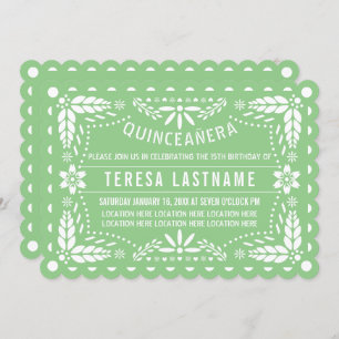 Sage green and white papel picado Quinceañera Invitation