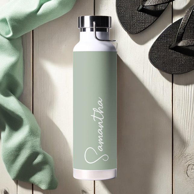 Sage Green and White Personalized Water Bottle (Sage green water bottles personalized by Do Tell A Belle)