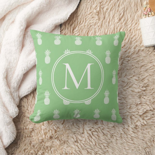 Sage Green and White Pineapples Monogram Throw Pillow (Blanket)