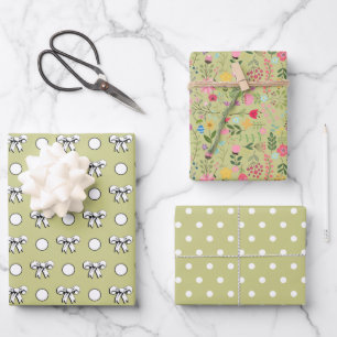 Sage Green and White Polka Dots Wildflowers Wrapping Paper Sheet