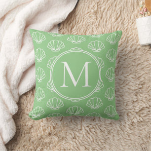 Sage Green and White Scallop Shells Monogram Throw Pillow