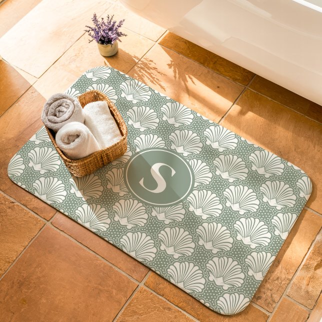 Sage Green and White Seashell Coastal Monogram Bath Mat (Creator Uploaded)