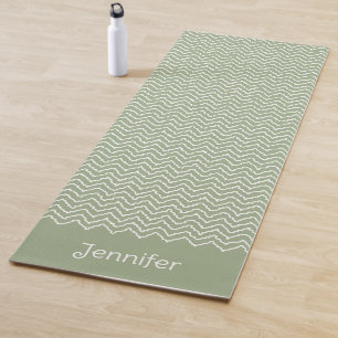 Sage Green And White Squiggly Chevron With Name Yoga Mat