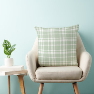 Sage Green and White Tartan Plaid Pattern Throw Pillow