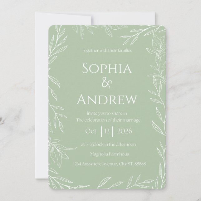 Sage Green and White Wedding Invitation  (Front)