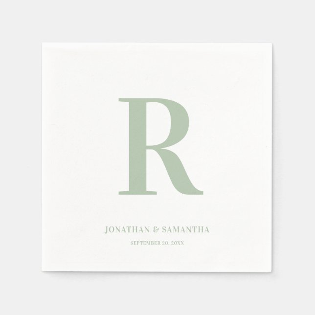 Sage Green and White Wedding Monogram Modern Napkin (Front)