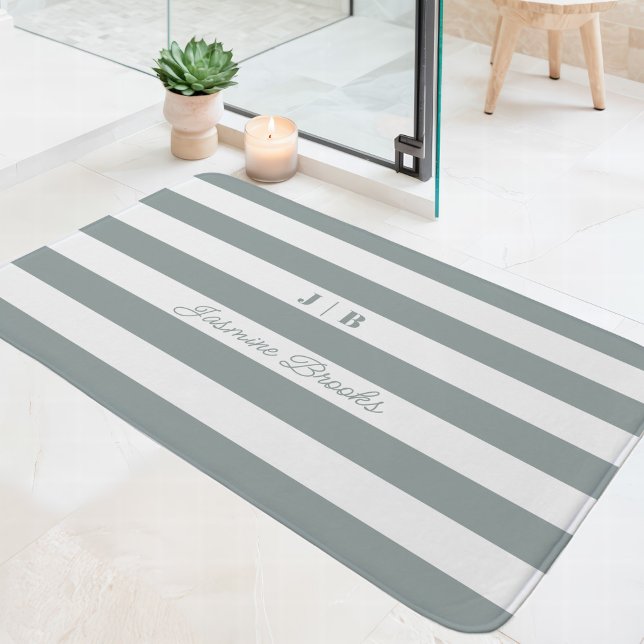 Sage Green and White Wide Stripes Monogram Name Bath Mat (Creator Uploaded)