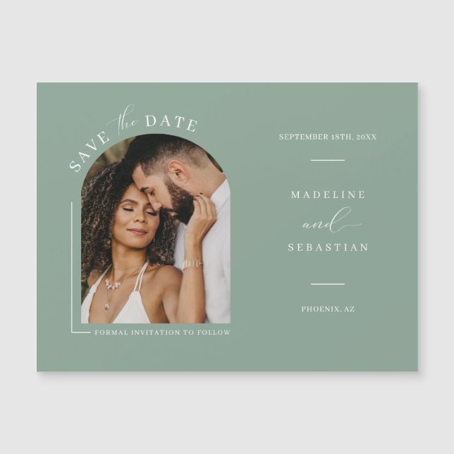 Sage Green Arch Photo Save the Date Magnetic Card (Front)