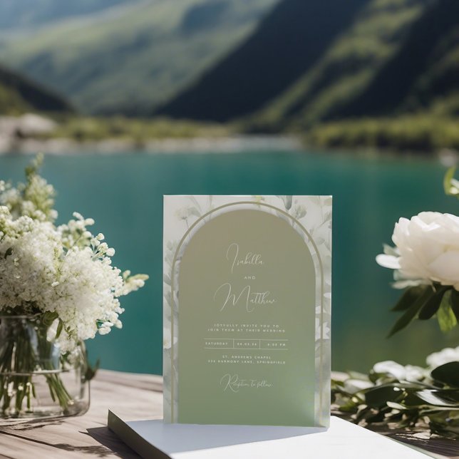 Sage Green Archway Wedding Invitation Floral (Sage Green Wedding invitation at the lake)