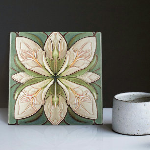 Sage Green Art Deco Floral Wall Decor Art Nouveau Tile