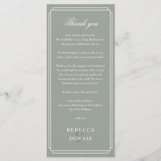 Sage Green Art Deco Reception Thank You Place Card (Front)