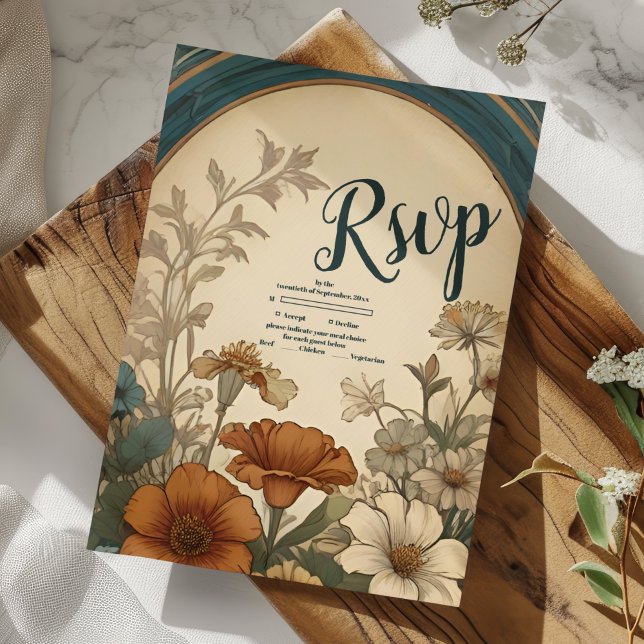 Sage Green Art Nouveau Alphonse Mucha Wedding RSVP Card (Creator Uploaded)