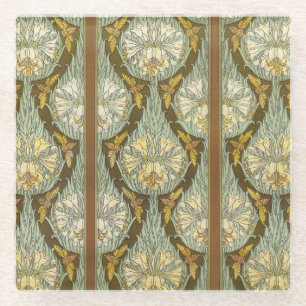 Sage Green Art Nouveau Lily Insect Pattern Glass Coaster